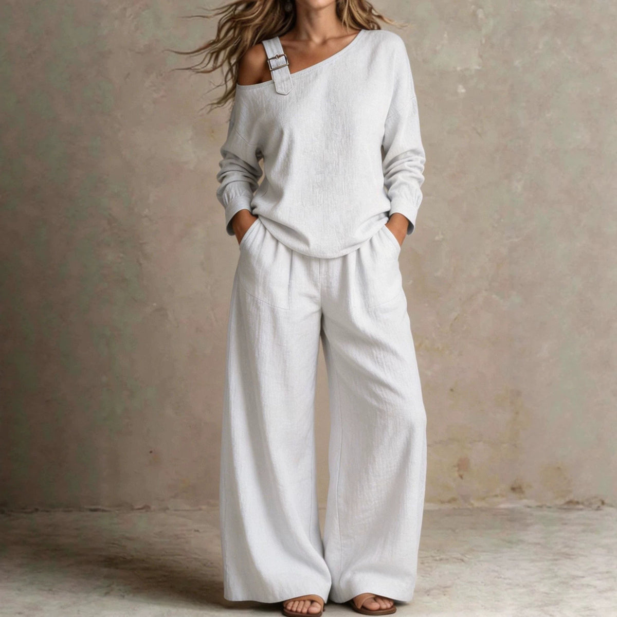 Women's One-Shoulder Buckle-Strap Long-Sleeve Linen Blend Top & Wide-Leg Palazzo Trouser Set - Che Cose Belle