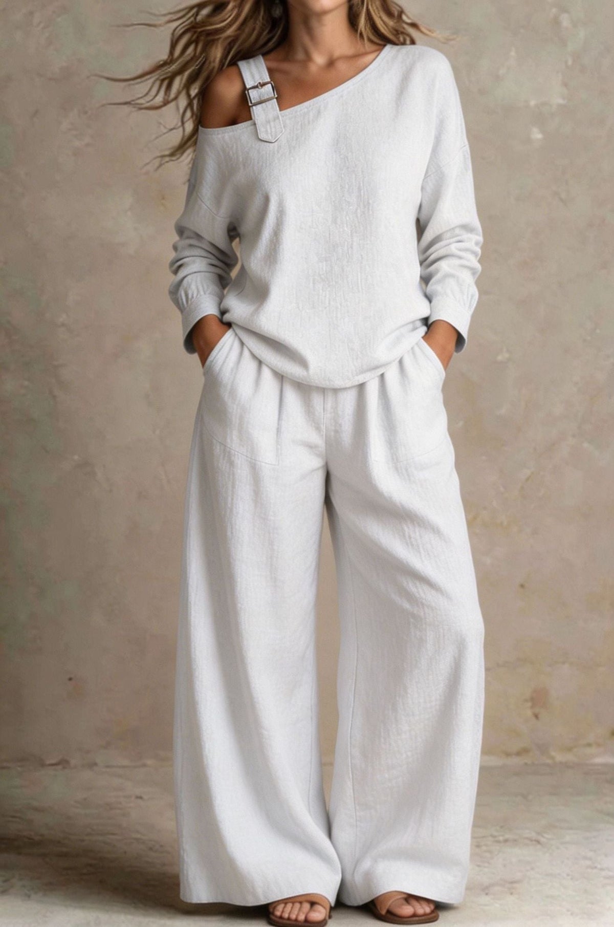 Women's One-Shoulder Buckle-Strap Long-Sleeve Linen Blend Top & Wide-Leg Palazzo Trouser Set - Che Cose Belle