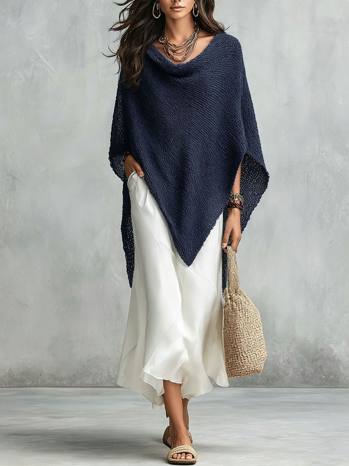 Women's Open-Knit Asymmetric Cape & Ruched V-Neck Fluid Maxi Dress Set - Che Cose Belle