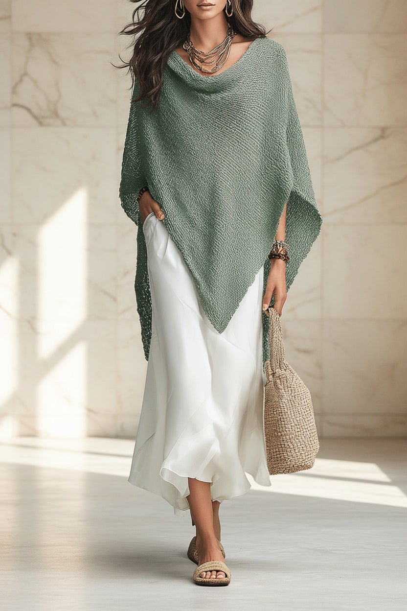 Women's Open-Knit Asymmetric Cape & Ruched V-Neck Fluid Maxi Dress Set - Che Cose Belle