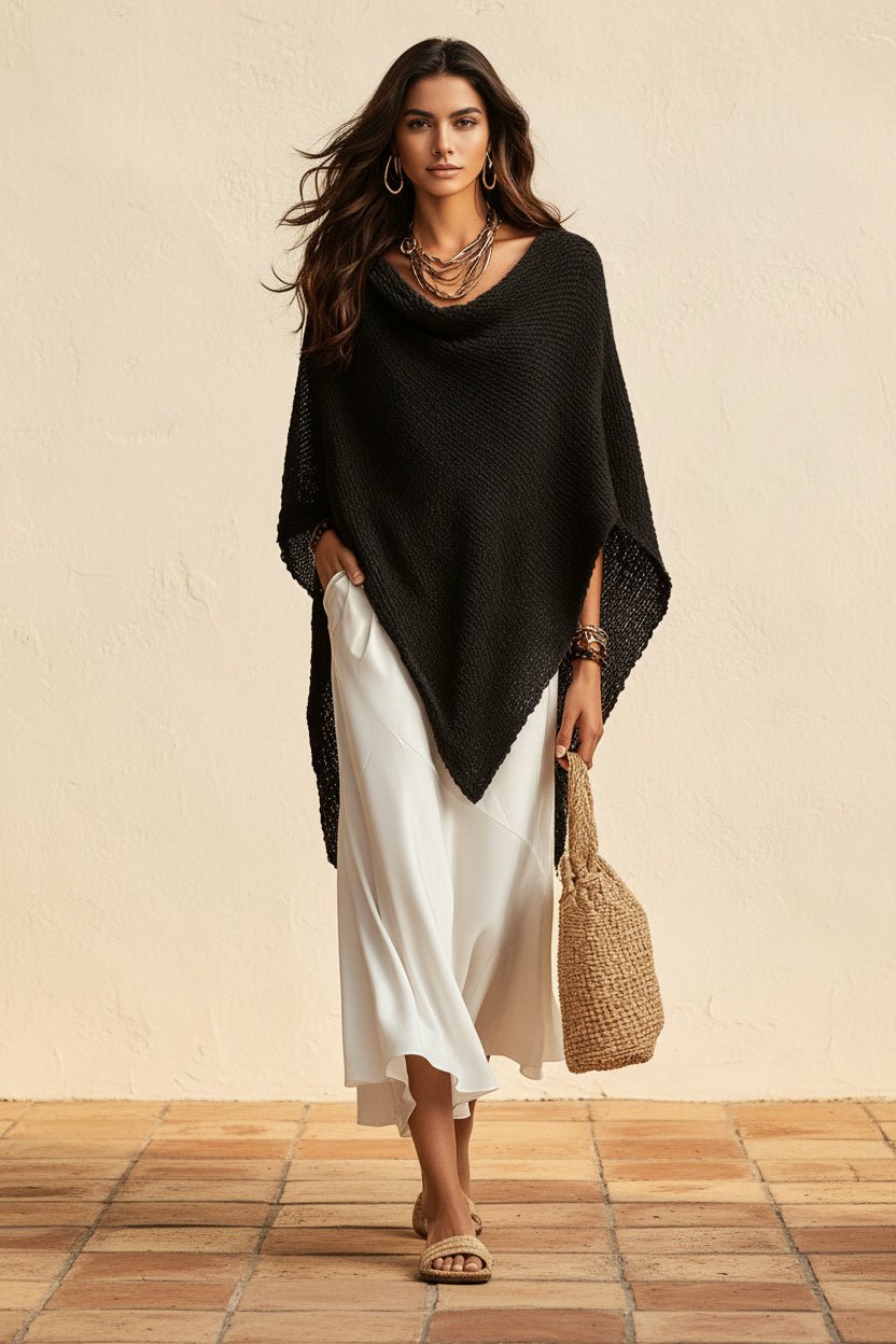 Women's Open-Knit Asymmetric Cape & Ruched V-Neck Fluid Maxi Dress Set - Che Cose Belle
