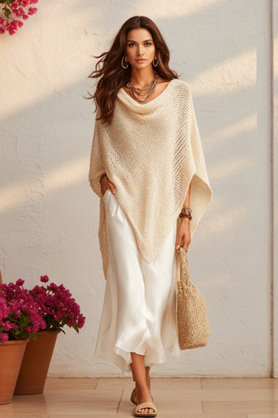 Women's Open-Knit Asymmetric Cape & Ruched V-Neck Fluid Maxi Dress Set - Che Cose Belle