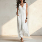 Women's Open-Knit Asymmetric Cape & Ruched V-Neck Fluid Maxi Dress Set - Che Cose Belle