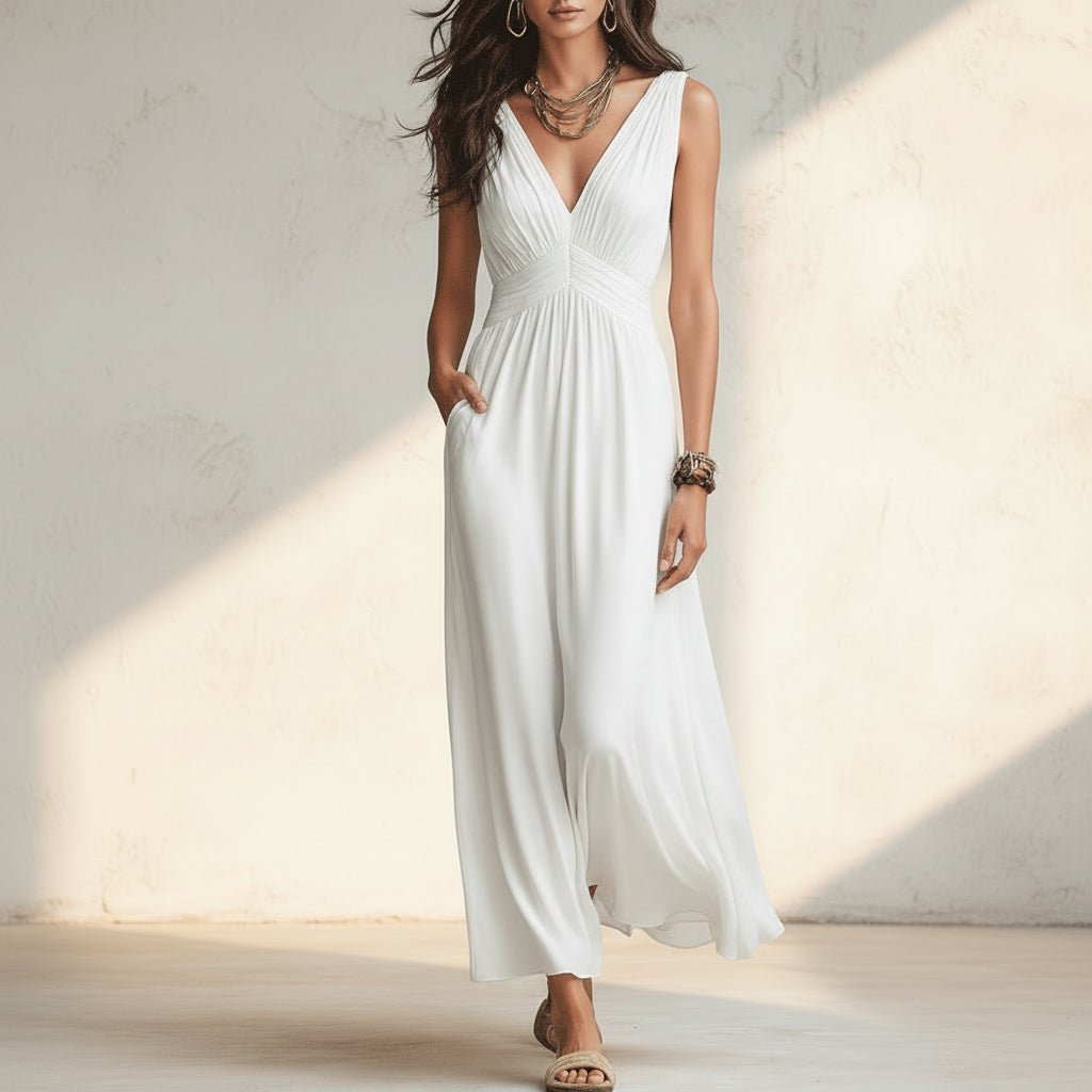 Women's Open-Knit Asymmetric Cape & Ruched V-Neck Fluid Maxi Dress Set - Che Cose Belle