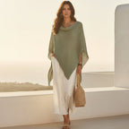 Women's Open-Knit Asymmetric Cape & Ruched V-Neck Fluid Maxi Dress Set - Che Cose Belle