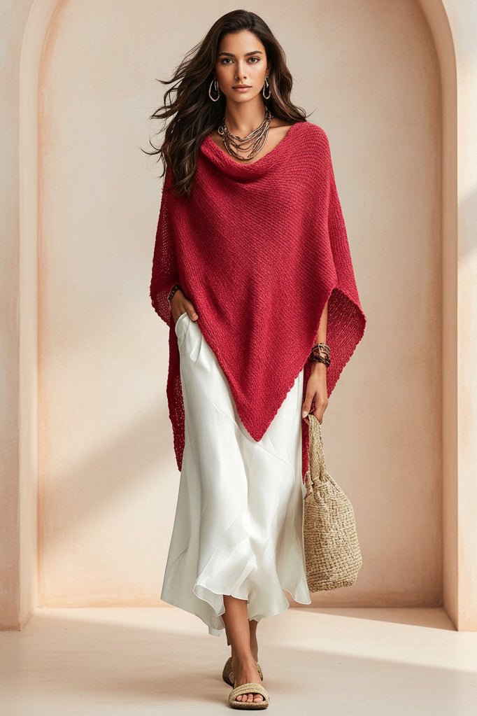 Women's Open-Knit Asymmetric Cape & Ruched V-Neck Fluid Maxi Dress Set - Che Cose Belle