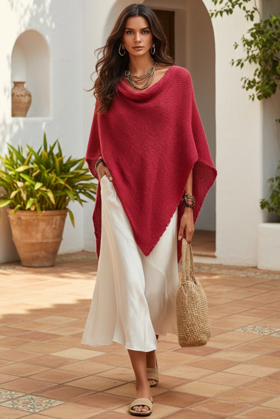 Women's Open-Knit Asymmetric Cape & Ruched V-Neck Fluid Maxi Dress Set - Che Cose Belle
