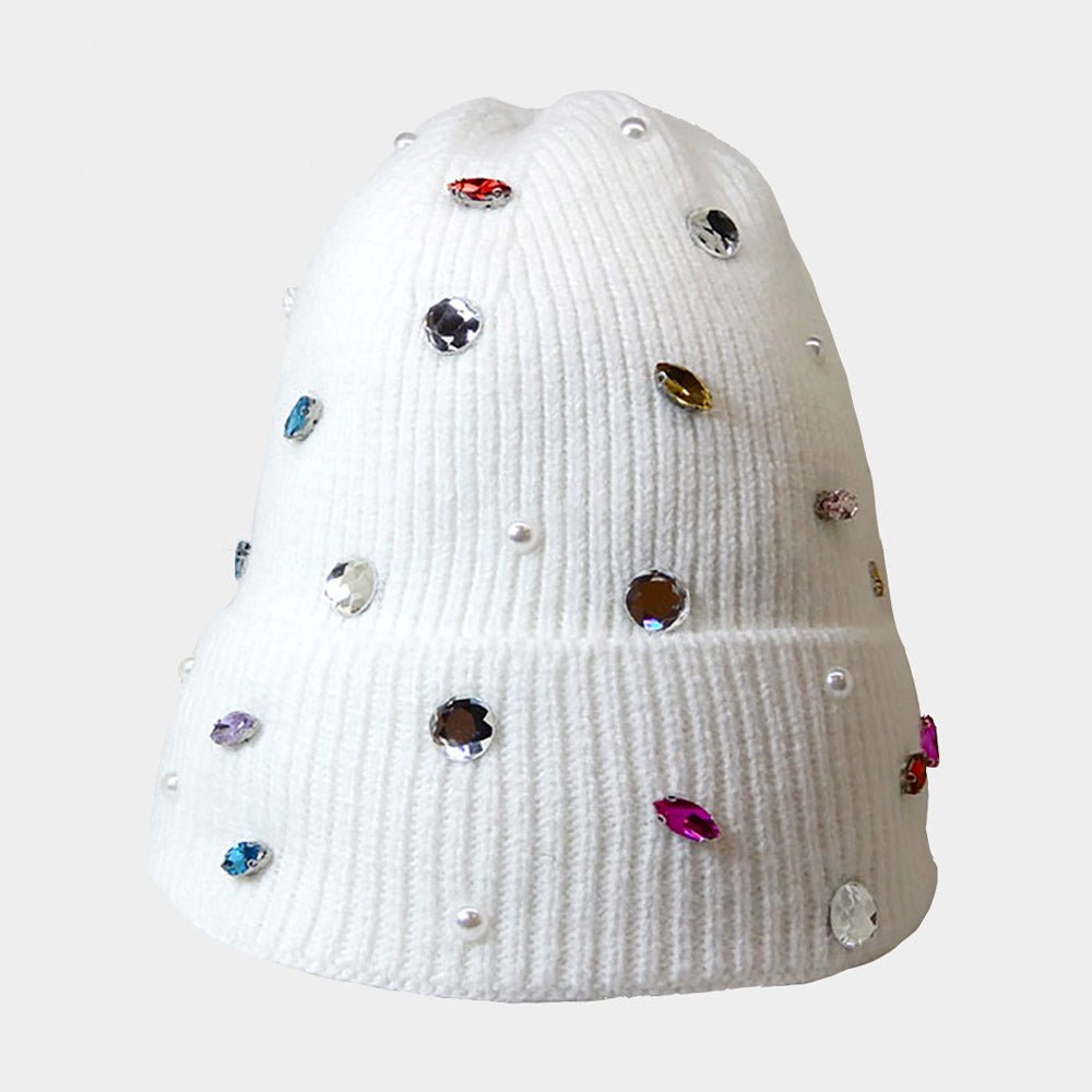 Women's Pearl Jewel Embellished Fleece Lining Knit Beanie Hat - Che Cose Belle
