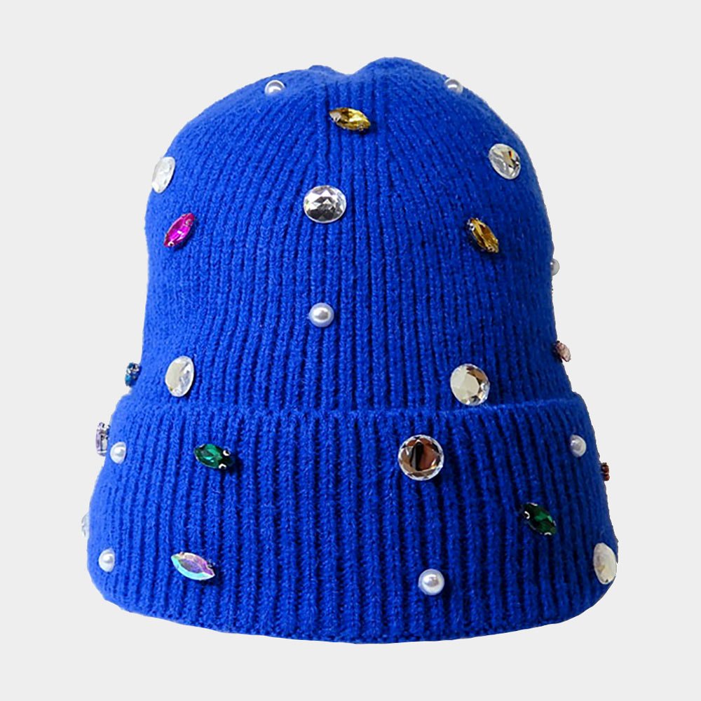 Women's Pearl Jewel Embellished Fleece Lining Knit Beanie Hat - Che Cose Belle