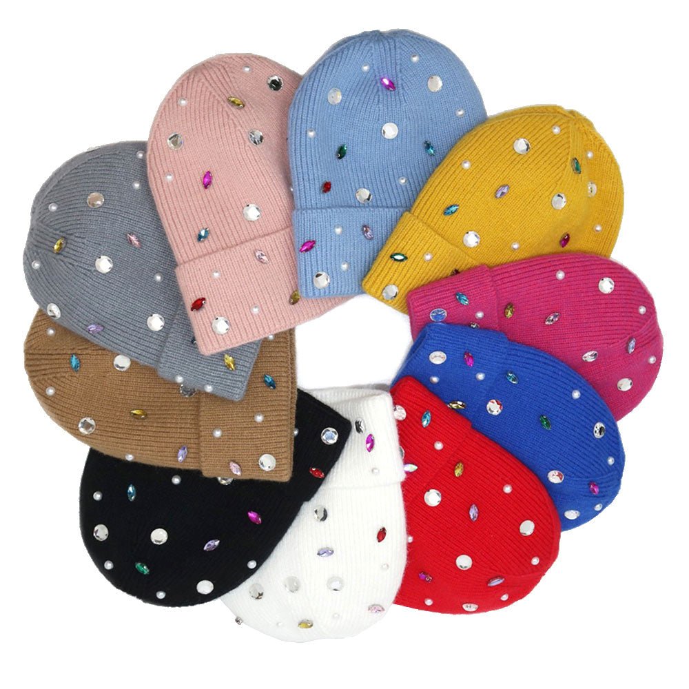 Women's Pearl Jewel Embellished Fleece Lining Knit Beanie Hat - Che Cose Belle