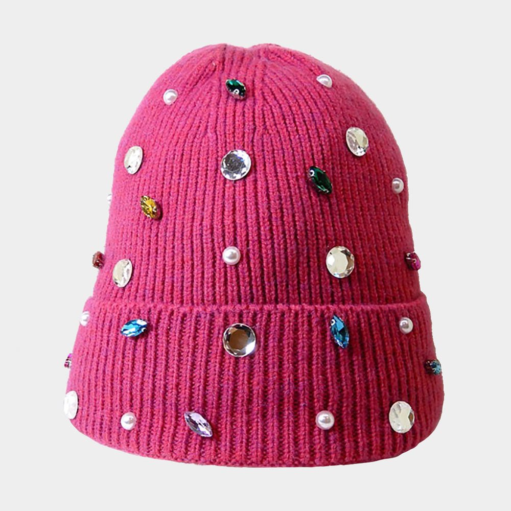 Women's Pearl Jewel Embellished Fleece Lining Knit Beanie Hat - Che Cose Belle