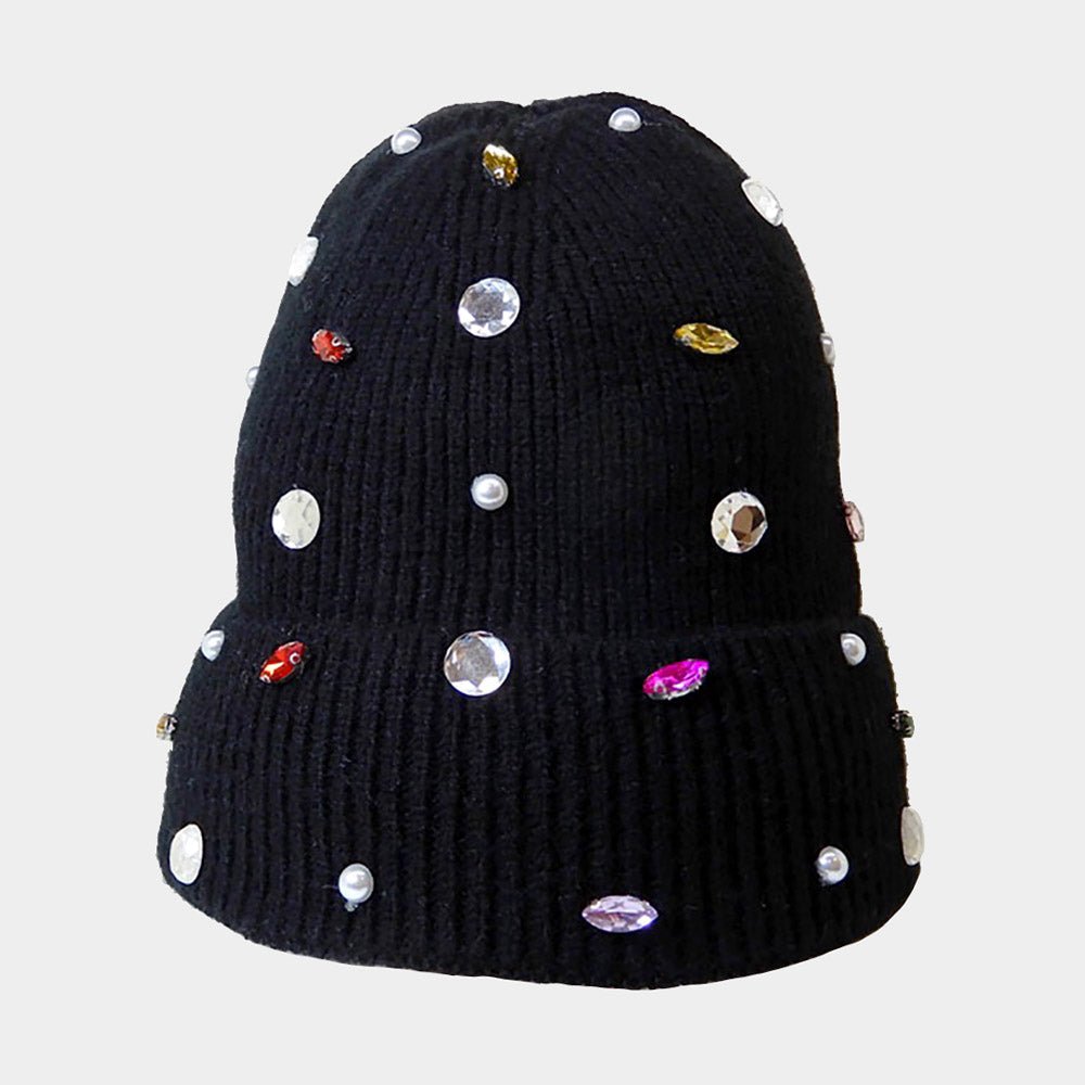 Women's Pearl Jewel Embellished Fleece Lining Knit Beanie Hat - Che Cose Belle