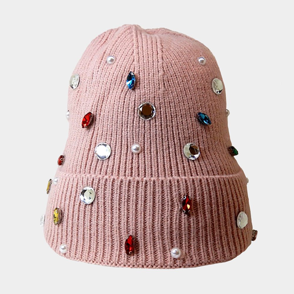 Women's Pearl Jewel Embellished Fleece Lining Knit Beanie Hat - Che Cose Belle