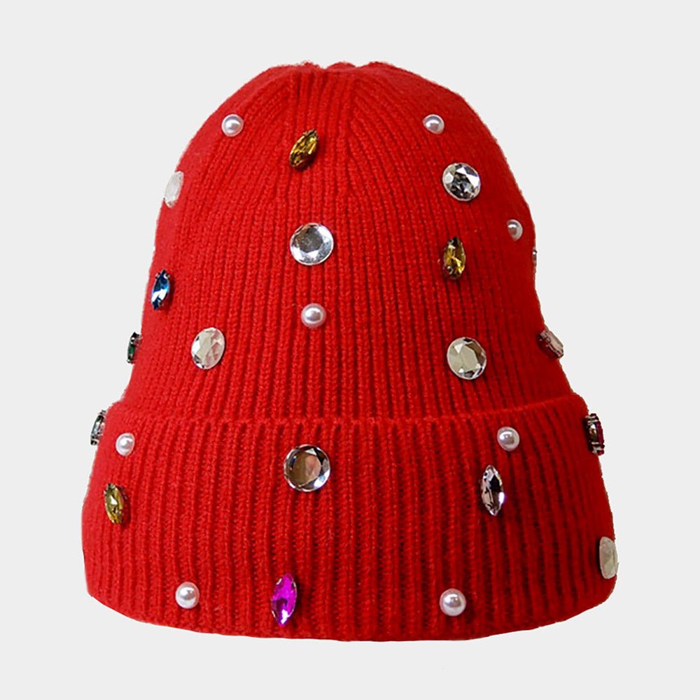 Women's Pearl Jewel Embellished Fleece Lining Knit Beanie Hat - Che Cose Belle