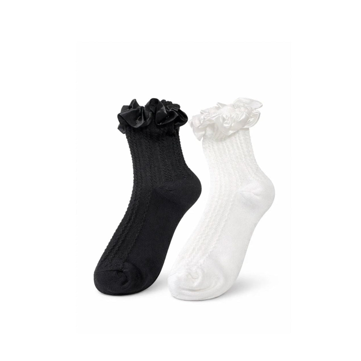 Women’s Ruffle Ankle Socks Satin Trim Frilly Vintage Style Black And White Set - Che Cose Belle