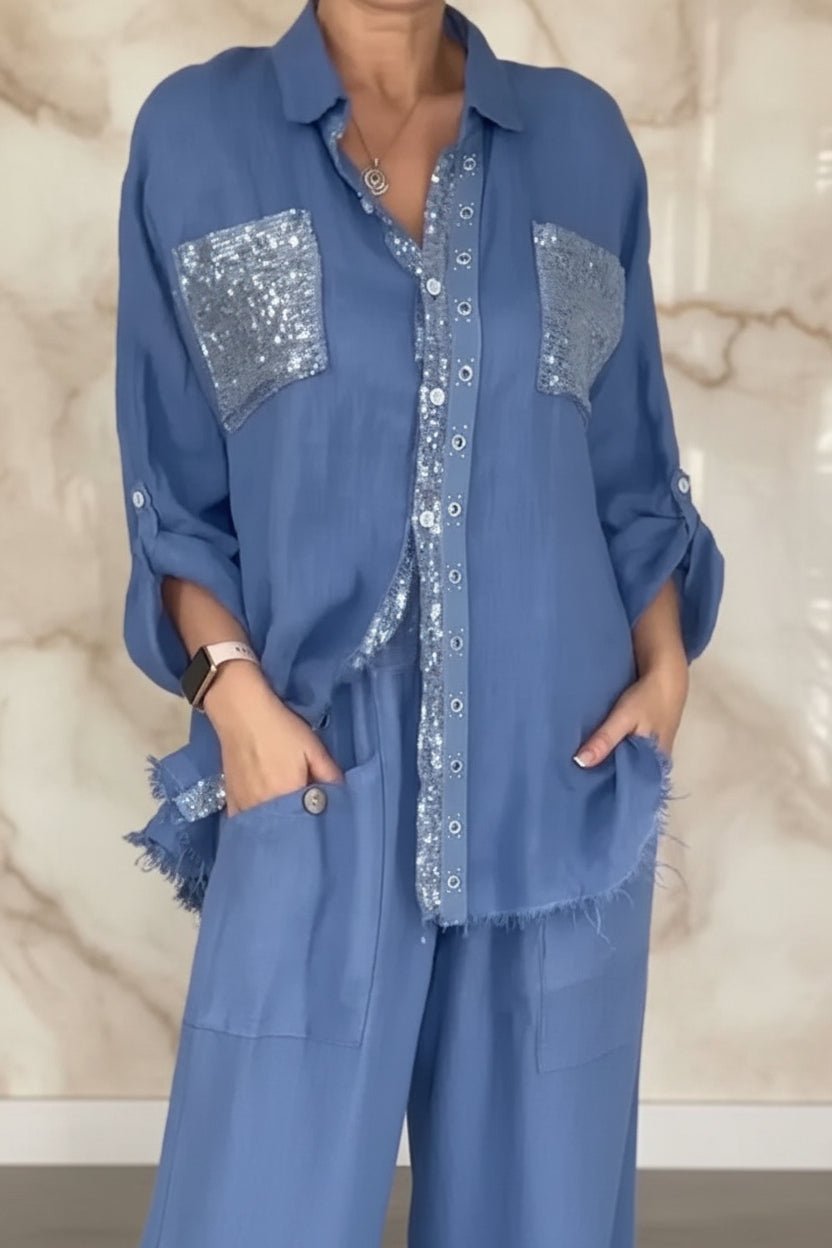 Women's Sequin Pocket & Placket Oversized Shirt & Wide-Leg Pants Set - Che Cose Belle