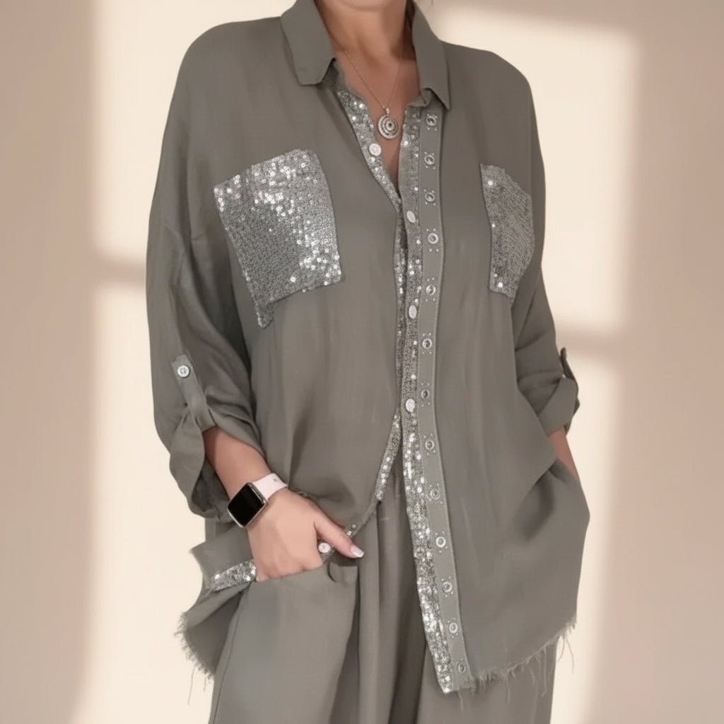 Women's Sequin Pocket & Placket Oversized Shirt & Wide-Leg Pants Set - Che Cose Belle
