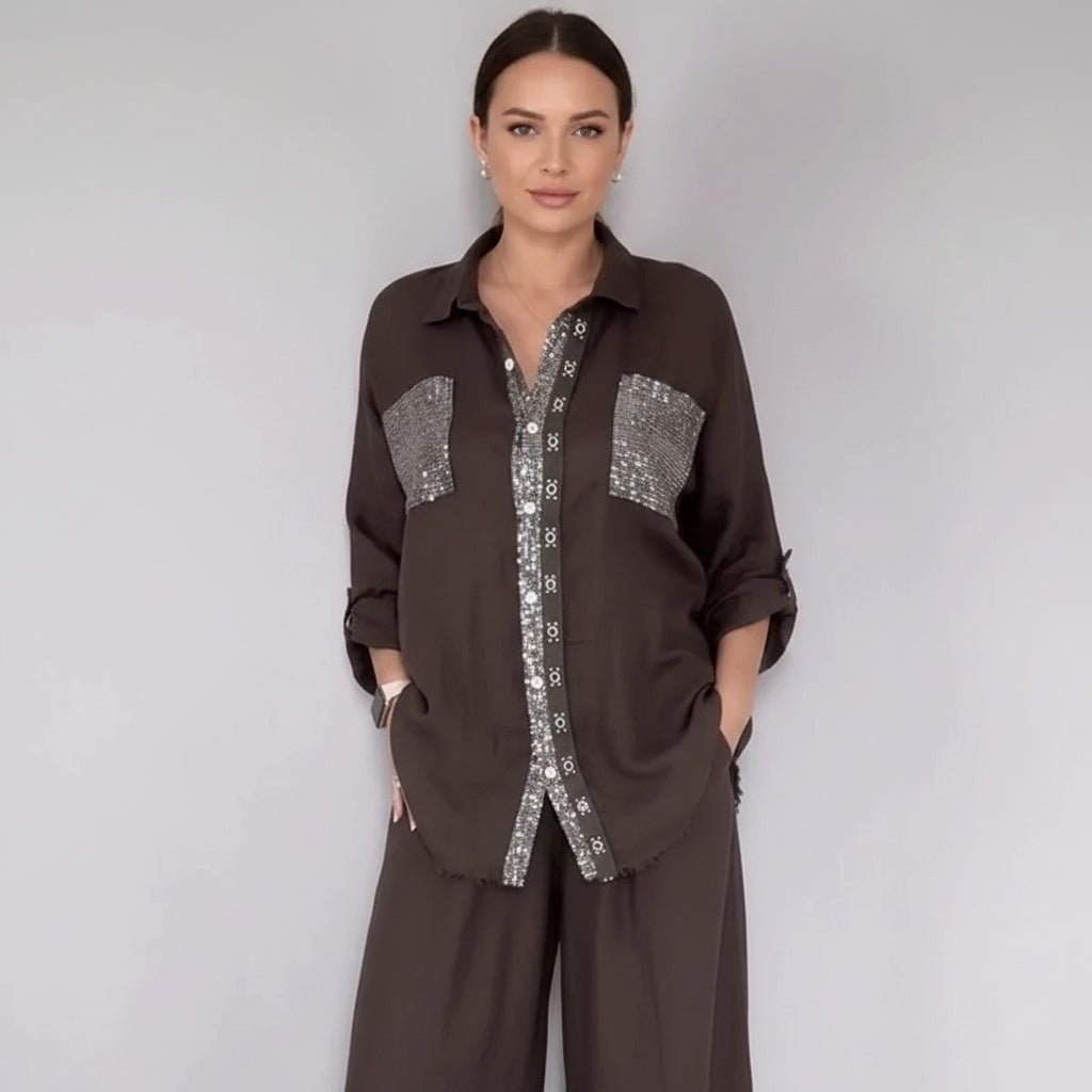 Women's Sequin Pocket & Placket Oversized Shirt & Wide-Leg Pants Set - Che Cose Belle