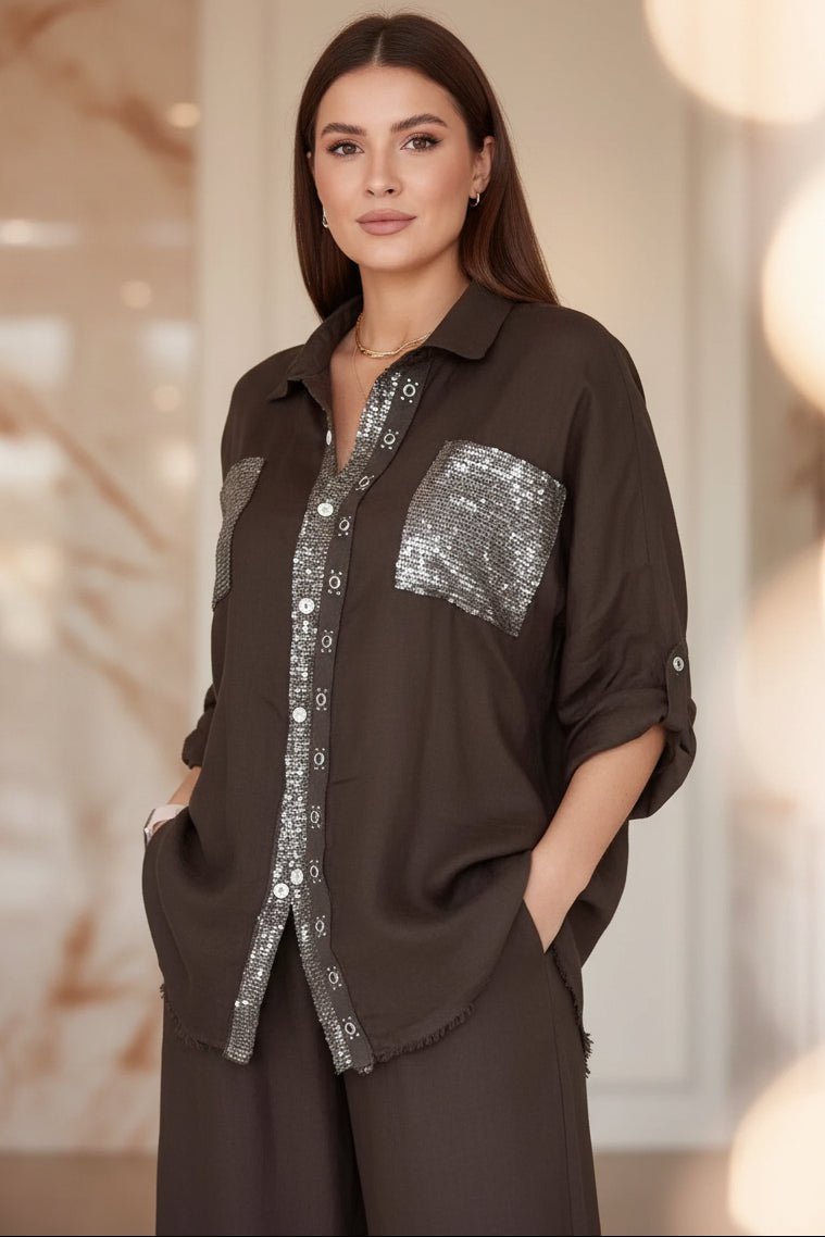 Women's Sequin Pocket & Placket Oversized Shirt & Wide-Leg Pants Set - Che Cose Belle