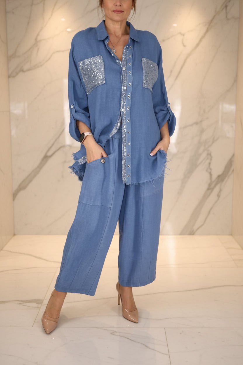 Women's Sequin Pocket & Placket Oversized Shirt & Wide-Leg Pants Set - Che Cose Belle