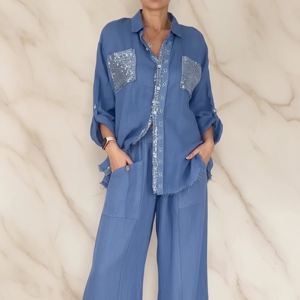 Women's Sequin Pocket & Placket Oversized Shirt & Wide-Leg Pants Set - Che Cose Belle