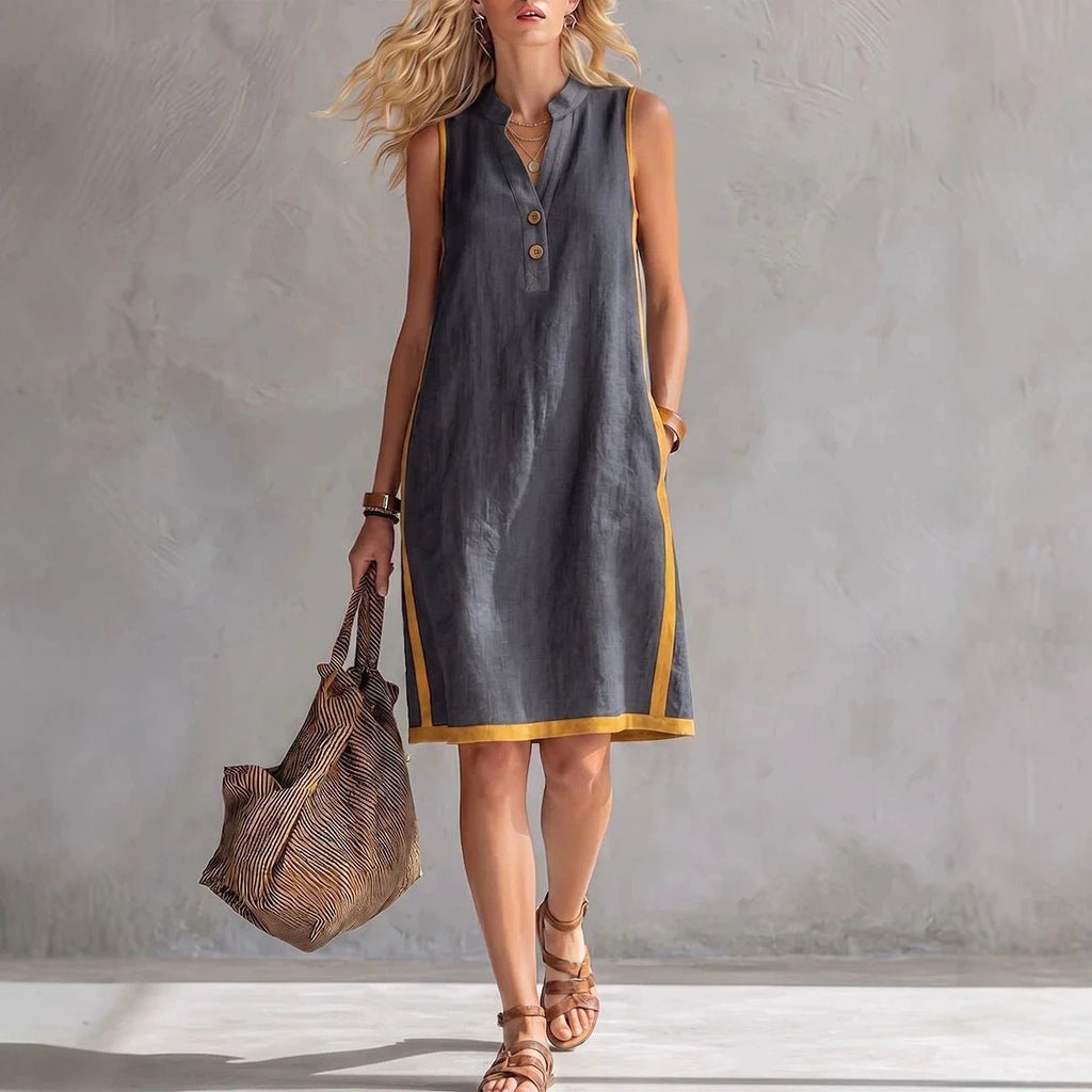 Women's Sleeveless V-Neck Button-Front Pocketed A-Line Midi Dress - Che Cose Belle