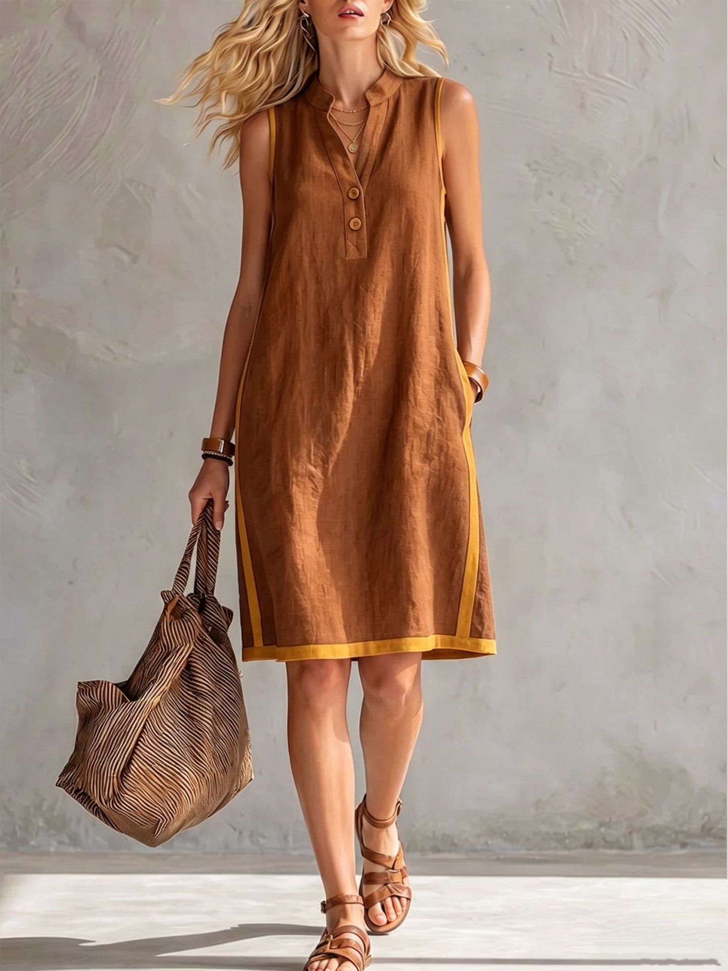 Women's Sleeveless V-Neck Button-Front Pocketed A-Line Midi Dress - Che Cose Belle