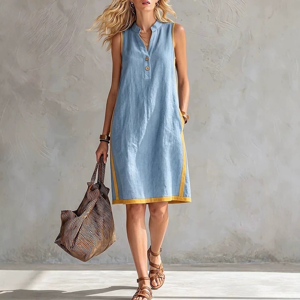 Women's Sleeveless V-Neck Button-Front Pocketed A-Line Midi Dress - Che Cose Belle