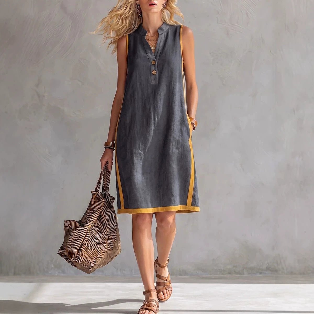 Women's Sleeveless V-Neck Button-Front Pocketed A-Line Midi Dress - Che Cose Belle