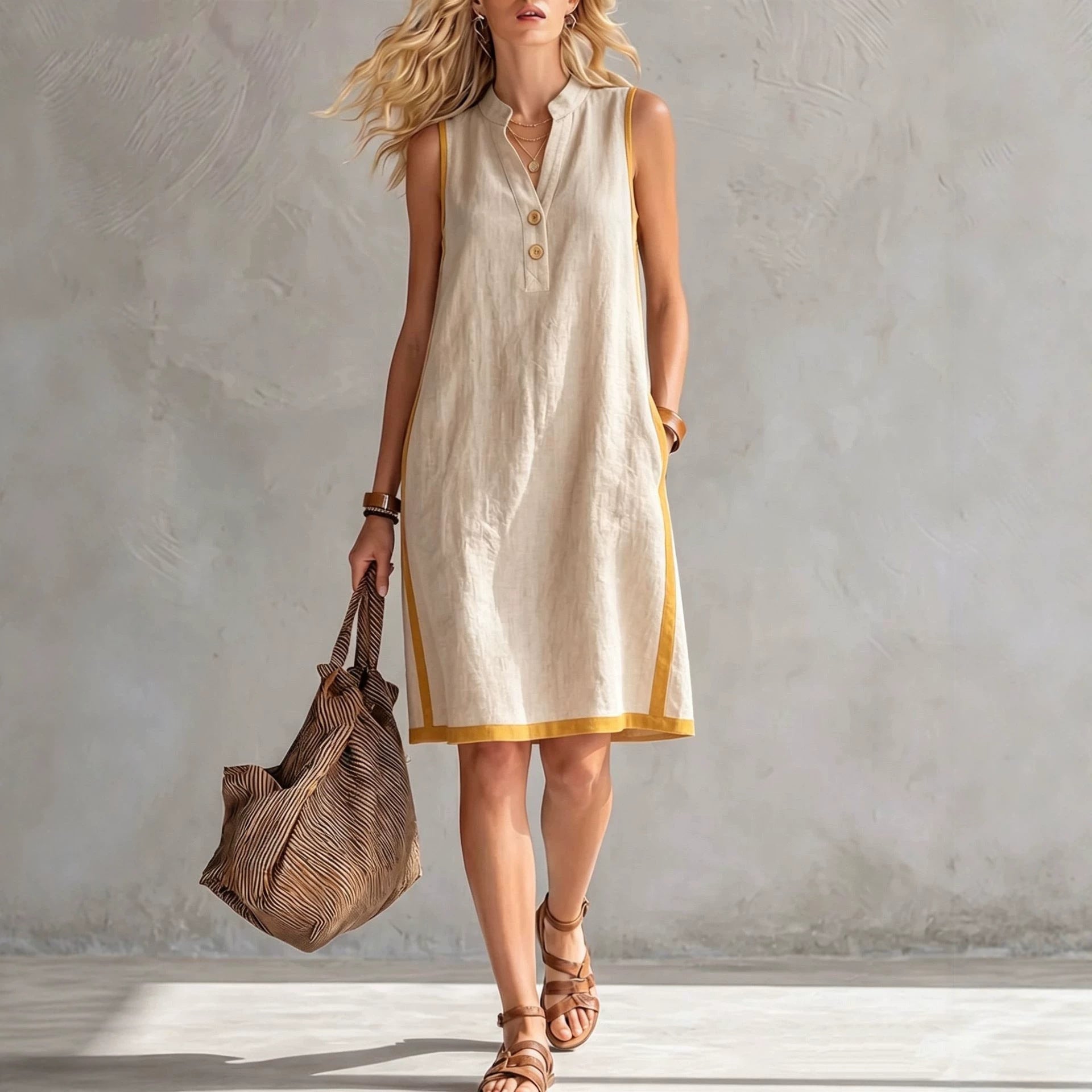 Women's Sleeveless V-Neck Button-Front Pocketed A-Line Midi Dress - Che Cose Belle