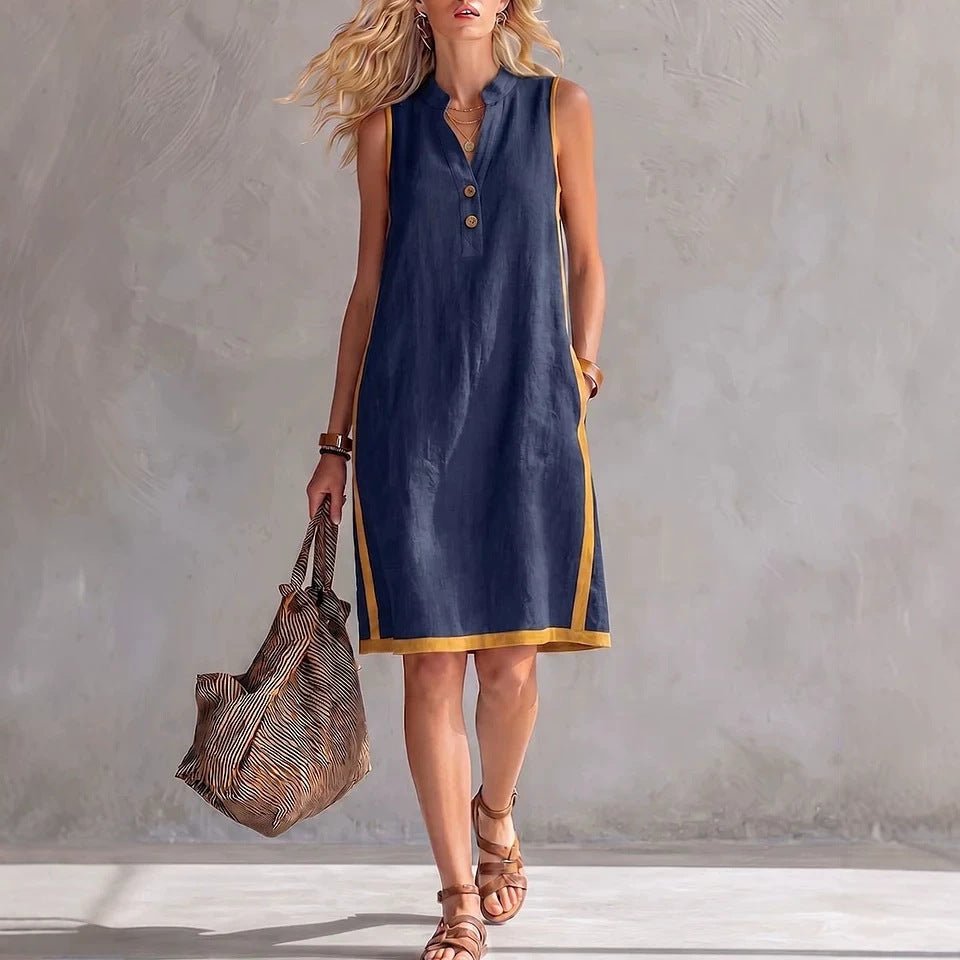 Women's Sleeveless V-Neck Button-Front Pocketed A-Line Midi Dress - Che Cose Belle