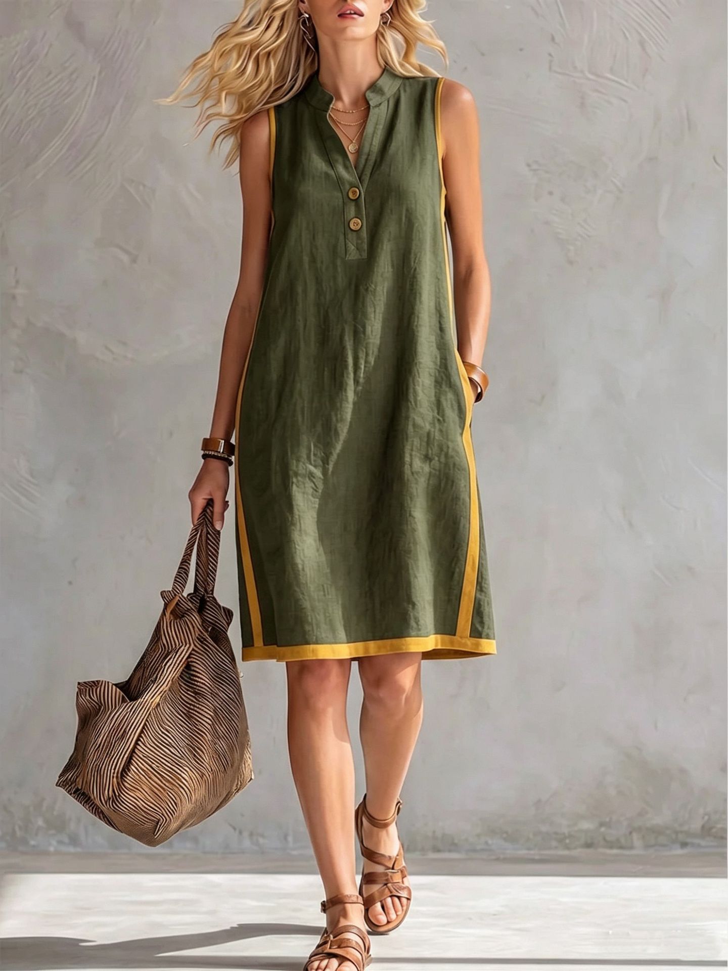 Women's Sleeveless V-Neck Button-Front Pocketed A-Line Midi Dress - Che Cose Belle
