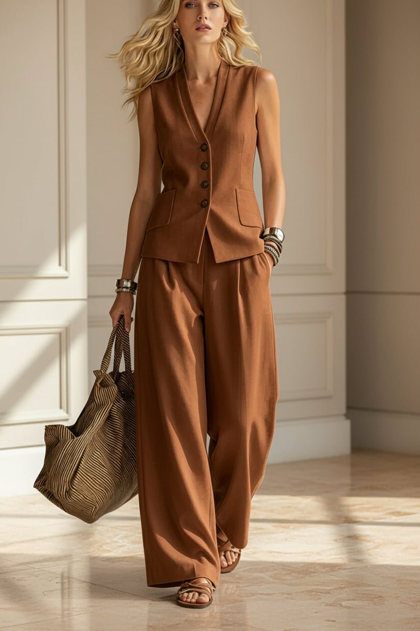 Women's Solid Linen Sleeveless Vest & Wide-Leg Pants Set - Che Cose Belle