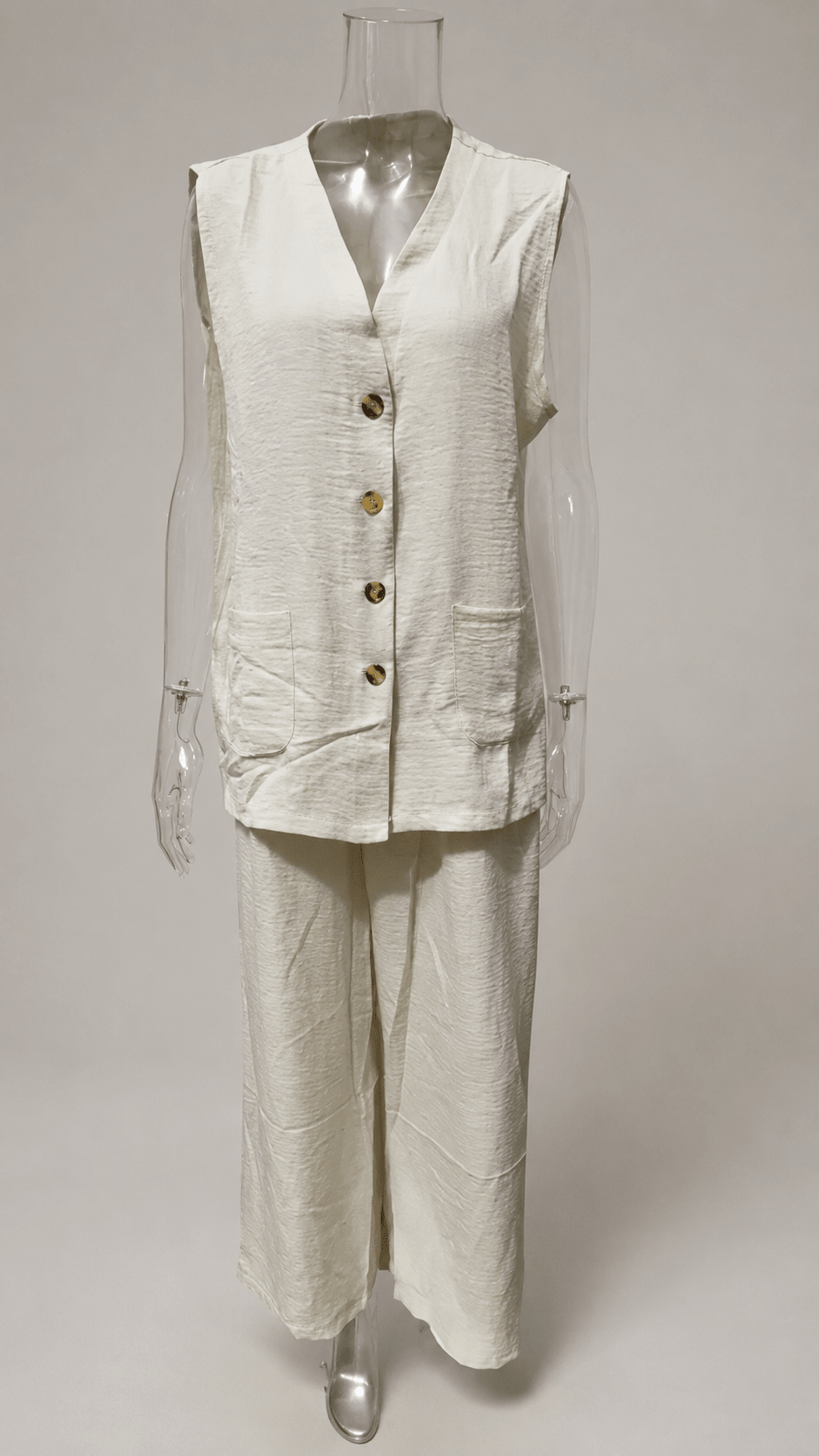 Women's Solid Linen Sleeveless Vest & Wide-Leg Pants Set - Che Cose Belle