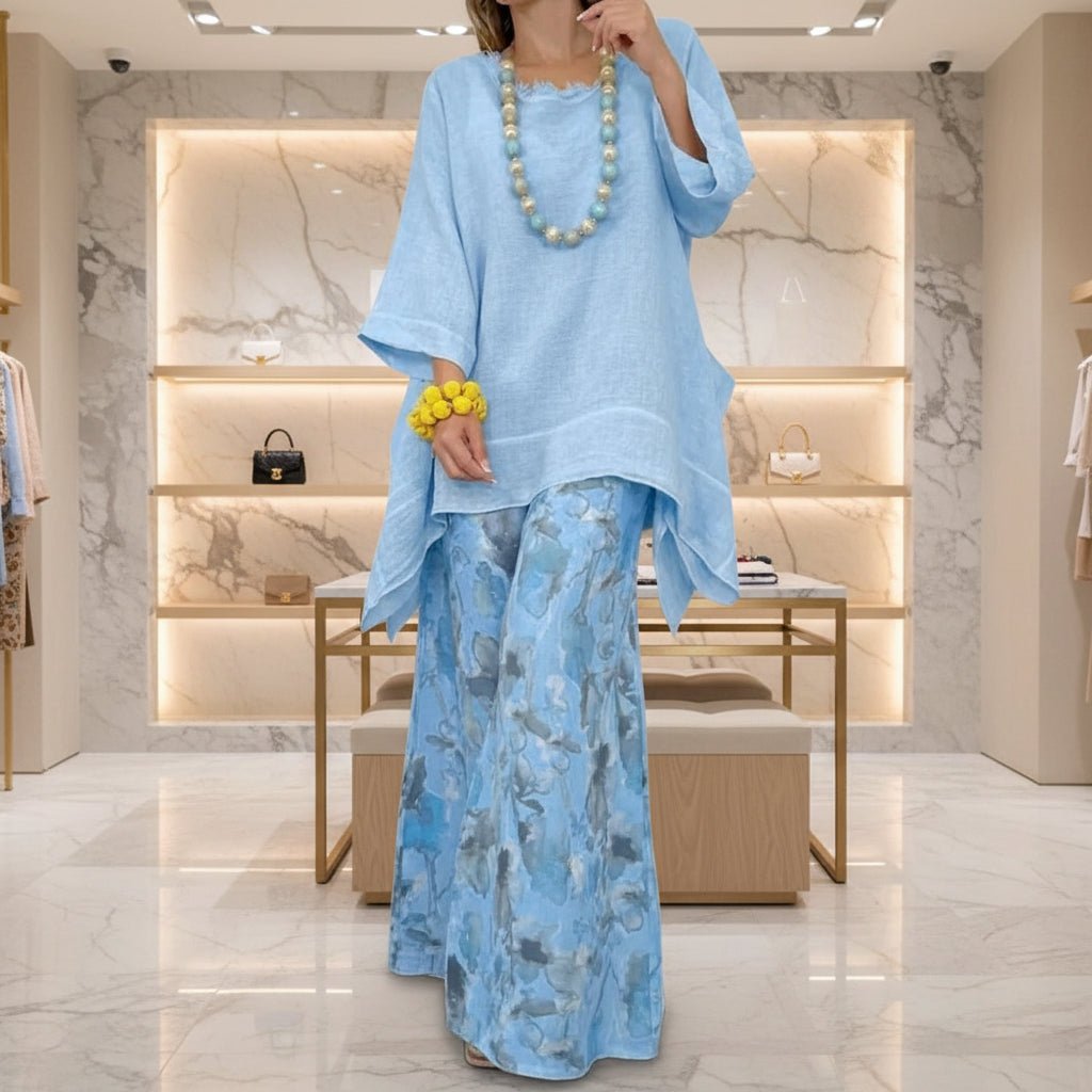 Women's Solid Linen-Style Tunic Top & Watercolor Floral Wide-Leg Pants Set - Che Cose Belle