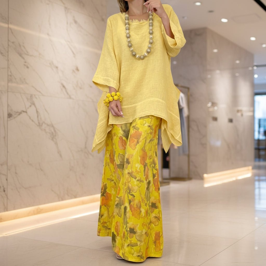 Women's Solid Linen-Style Tunic Top & Watercolor Floral Wide-Leg Pants Set - Che Cose Belle