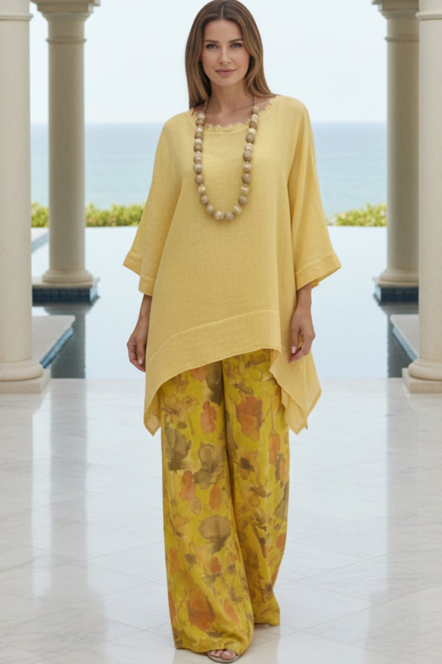 Women's Solid Linen-Style Tunic Top & Watercolor Floral Wide-Leg Pants Set - Che Cose Belle