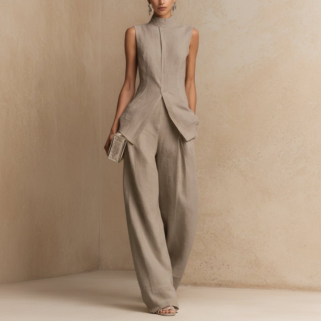 Women's Stand Collar Longline Vest Top & Wide-Leg Trousers Two-Piece Set - Che Cose Belle