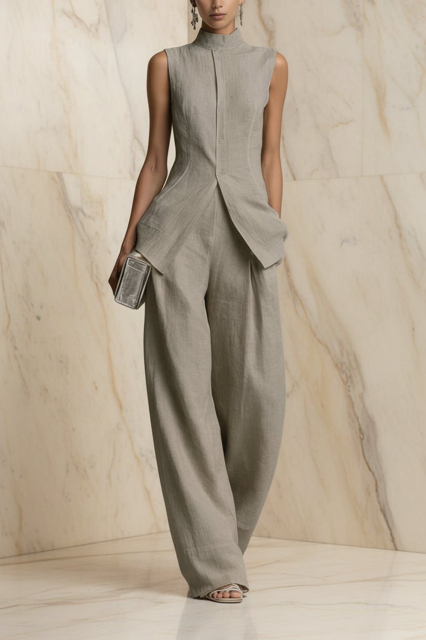 Women's Stand Collar Longline Vest Top & Wide-Leg Trousers Two-Piece Set - Che Cose Belle