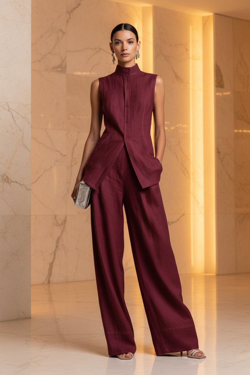 Women's Stand Collar Longline Vest Top & Wide-Leg Trousers Two-Piece Set - Che Cose Belle