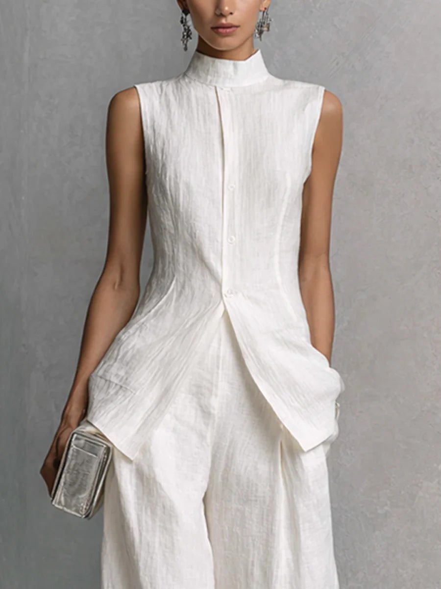 Women's Stand Collar Longline Vest Top & Wide-Leg Trousers Two-Piece Set - Che Cose Belle