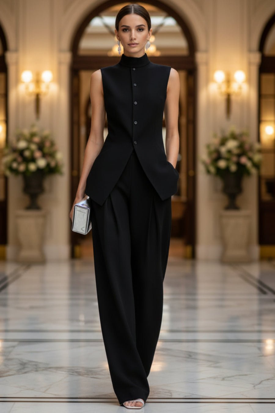 Women's Stand Collar Longline Vest Top & Wide-Leg Trousers Two-Piece Set - Che Cose Belle
