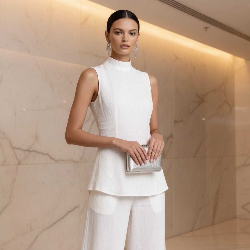 Women's Stand Collar Longline Vest Top & Wide-Leg Trousers Two-Piece Set - Che Cose Belle