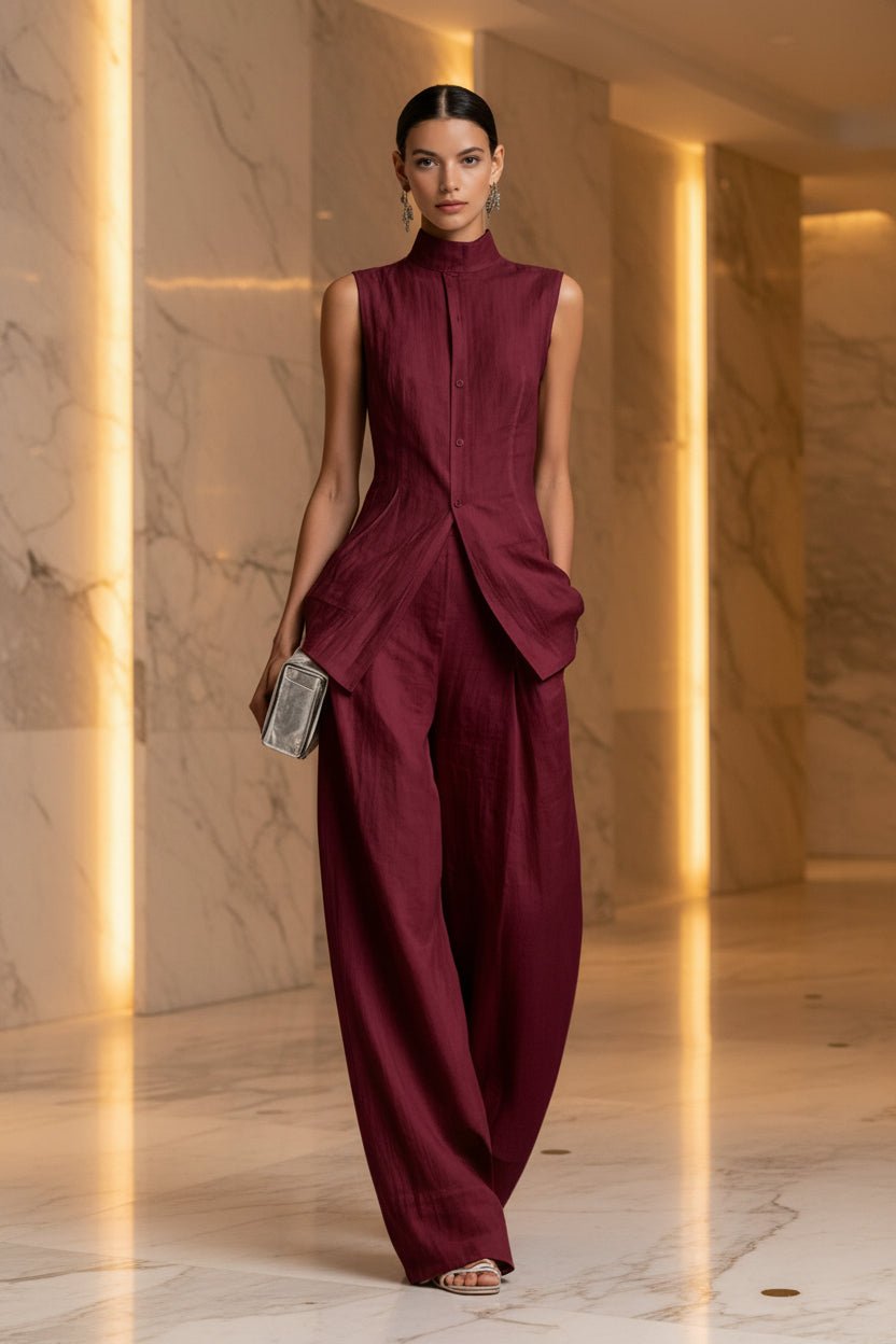 Women's Stand Collar Longline Vest Top & Wide-Leg Trousers Two-Piece Set - Che Cose Belle