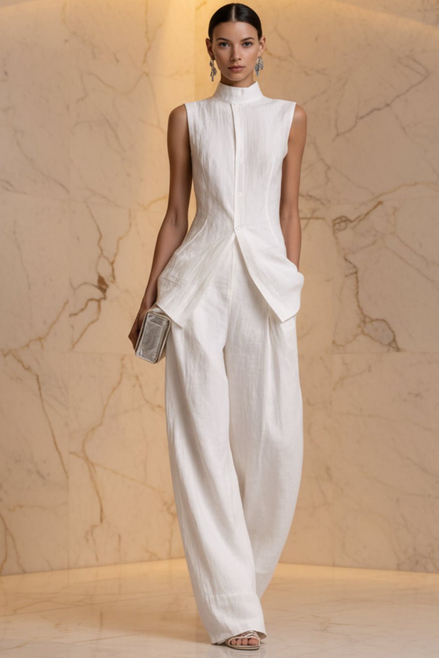 Women's Stand Collar Longline Vest Top & Wide-Leg Trousers Two-Piece Set - Che Cose Belle
