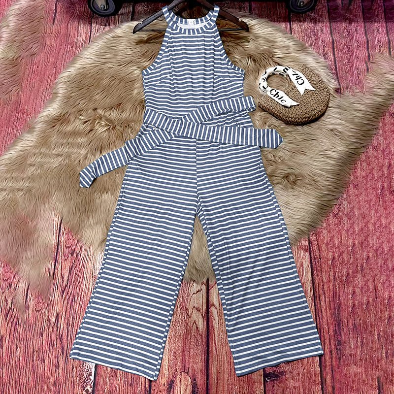 Women's Striped Halter Neck Jumpsuit with Self-Tie Belt & Wide-Leg Crop - Che Cose Belle