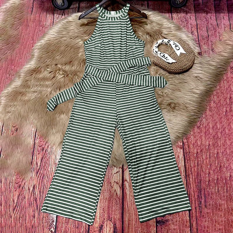 Women's Striped Halter Neck Jumpsuit with Self-Tie Belt & Wide-Leg Crop - Che Cose Belle