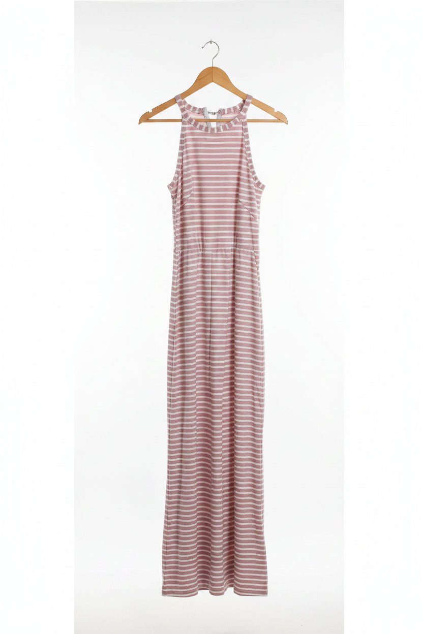 Women's Striped Halter Neck Jumpsuit with Self-Tie Belt & Wide-Leg Crop - Che Cose Belle