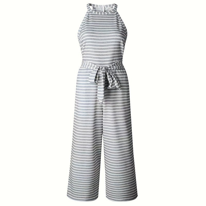 Women's Striped Halter Neck Jumpsuit with Self-Tie Belt & Wide-Leg Crop - Che Cose Belle