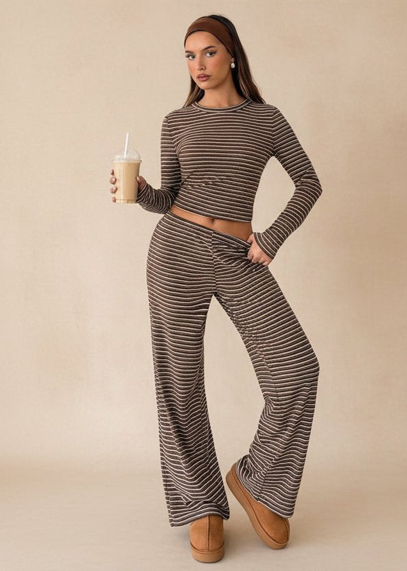 Women's Striped Knit Two-Piece Set with Wide-Leg Pants - Che Cose Belle